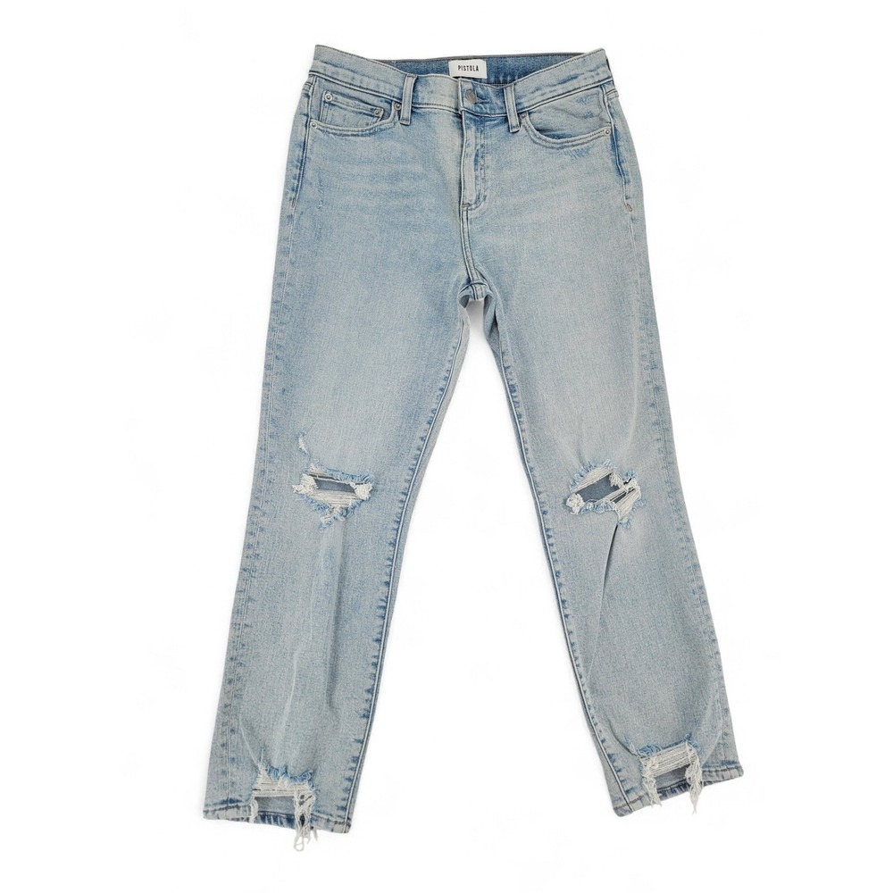 Pistola Jeans Womens 29 Light Wash High Rise Straight Leg Distressed‎ Crop